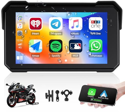 Motorcycle GPS CarPlay Screen with Motorcycle Design Holder, Wireless Carplay and Android Car, Portable Waterproof 5 Inch Touchscreen Motorcycle GPS CarPlay Screen Supports Bluetooth, Siri