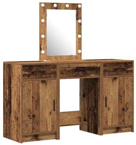 vidaXL Kompakt Sminkbord i Industriell Stil Med Inbyggd LED Spegel - Mycket Förvaringsutrymme, Låda, Matt Finish, Återvunnet Trä - Sovrum Sminkbord För Vuxna, Snygg Look, Skrivbord Trä, Vintage Möbler