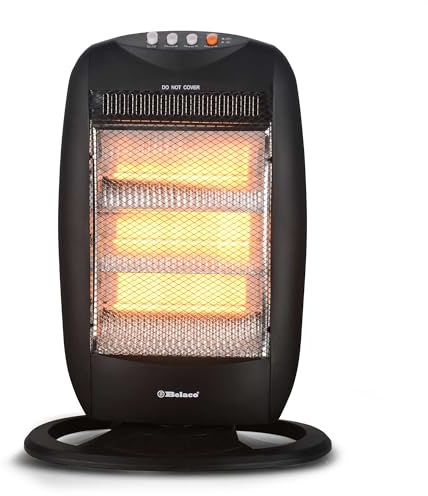 Belaco Electric 3 Bar Halogen Heater 1200W, Portable Room Heater with 3 Heat Settings, 90° Oscillation, Tip Over Safety Switch, Compact Carry Handle, Black