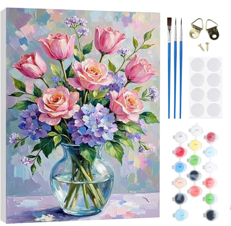 RICUVED Jarrón Flor Pintar por Numeros Adultos Mujer con Marco,Flor DIY Cuadros para Pintar por Numeros con Caballete de Madera, Pintura Acrilica Manualidades Adultos Decoracion 20x30cm