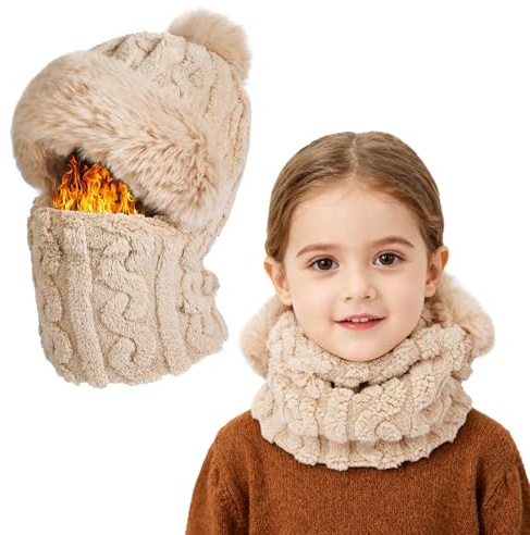 TAGVO Gorro y Bufanda de Punto Holgado Invierno para Unisex Niños, 3 en 1 Gorro Beanie con Pompón de Térmico Elástico Transpirable Forro Polar, Pasamontañas Balaclava Esquí Ciclismo para Niños y Niñas