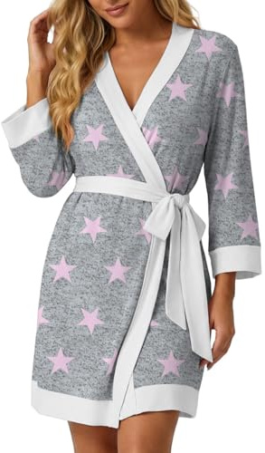 PrinStory Peignoir à manches 3/4 pour femme, kimono, col en V, robe de chambre, vêtement de détente, peignoir de sauna