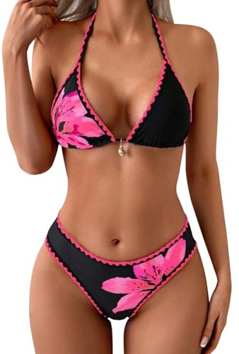 Maillot de Bain Femme 2 pièces Bikini Taille Haute Push up Sexy Plage Vintage Ensemble Chic Été Dos Nu Imprimé Lacet Élégant A103
