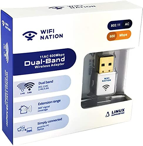 WiFi Nation® WiFI Dongle Mini 802.11ac AC600 Adaptador WiFi USB, dongle de Internet, chipset: Realtek RTL8811AU, doble banda 2.4GHz o 5GHz, compatible con Windows, MacOS y Linux, color blanco