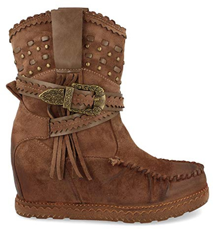 Buonarotti Bota de Estilo Indio, Correas con Hebilla, Flecos en Cana, Cuna Interior, y Cierre de Cremallera, Otono Invierno 2020. Talla 40 Kaki