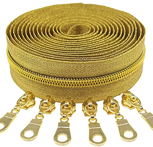 MebuZip 9 m Gold Endless Zip Sold by the Metre Nylon 6 mm Spiral + 25 Nonlock Zippers for Bags Decoration DIY Crafts Sewing (Gold Colour)