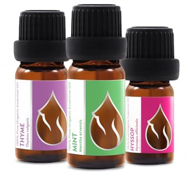 Cofre de Aceites Esenciales Orgánicos Respira Libre | Tomillo (10ml) + Menta (10ml) + Hisopo (5ml) | 100% Puro y Natural | Sin Diluir | Grado Terapéutico | Granja Familiar | Sin OMG | 3 Piezas