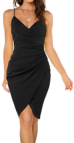 OWIN Cocktail Dresses for Women Evening Party Spaghetti Strap V Neck Wrap Dress Ruched Sheath Elegant Wedding Guest Dress Black S