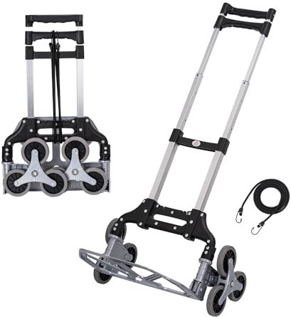 TOPWAY Carretilla Plegable para Subir escaleras de Aluminio, Carretilla de Mano Plegable, Capacidad de Carga de 70 kg, Altura Ajustable con 6 Ruedas, 4 Ruedas giratorias y Cable