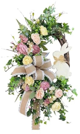 TADEAU Easter Wreaths for Front Door, Easter Artificial Egg Wreath Decoration, Bunny Carrot Spring Wreath Farmhouse Home Indoor Outdoor Easter Decor, Green-2, TADEAU-01