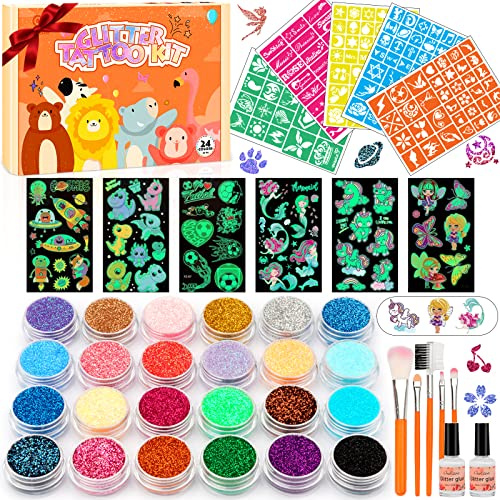 AUKZON Glitter Tattoo Kit, Temporary Tattoos for Kids - 24 Glitter Colors, 60 Pcs Luminous Tattoos, 150 Unique Stencils, Girls Tattoo Set for Kids, Body Make Up for Carnival, Birthday, Party Gifts