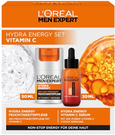 L'Oréal Men Expert Pflegeset gegen müde Haut für Männer, Geschenkset mit Serum und Gesichtscreme 24H Anti-Müdigkeit, Geschenke für Herren mit Vitamin C, Hydra Energy, 1 x 30 ml, 1 x 50 ml