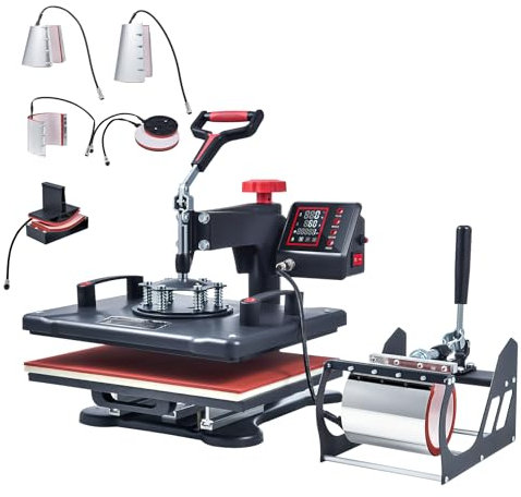 CREWORKS Transferpresse Rot 38x30cm Heißpressmaschine 8-IN-1 Wärmepressmaschine Hitzepresse 360 Grad Schwenkbar Tassenpresse und Kappenpresse, Tassen-, Hut-, Kappen- und T-Shirt-Druckmaschine