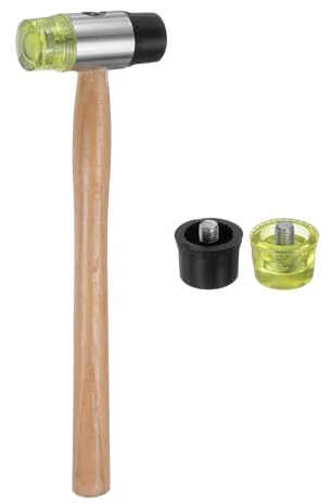 sourcing map Double Head Hammer 35mm/1.4 Diameter Plastic & Polyurethane Double-Faced Soft Hammer with 2 Replacement Heads Wooden Handle for Wood Flooring Installation, Black Yellow
