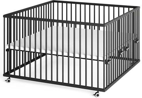 Sämann Baby Laufstall aus Holz I Baby Laufgitter 120x120 cm Schwarz/Natur I Robuster & höhenverstellbarer Laufstall aus Buchenholz I Mit gummierten Rollen & TÜV geprüft