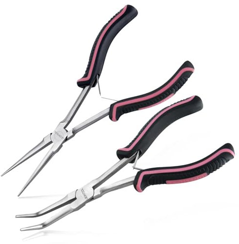 LEONTOOL 2PCS Pince à bec effilé à longue portée de 7 pouces Mâchoires lisses Pince à bec long et pince à bec courbé Pince à bec effilé extra longue Pince à bijoux pour la fabrication de bijoux