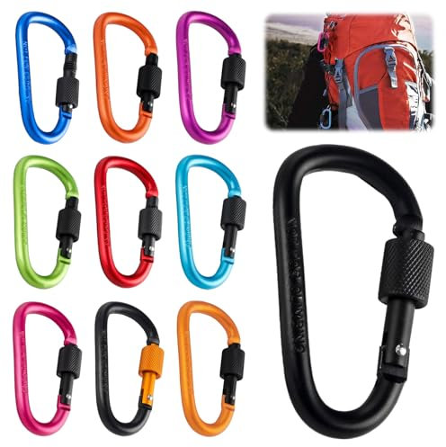 DHFUCNKO Carabiner Clip,10Pcs Carabiner, Steel Snap Hook With Screw D-Ring Clip Hook Clips, Aluminum Alloy Locking carabiner clip for Outdoor, Camping, Hiking, Traveling, Fishing, Backpack