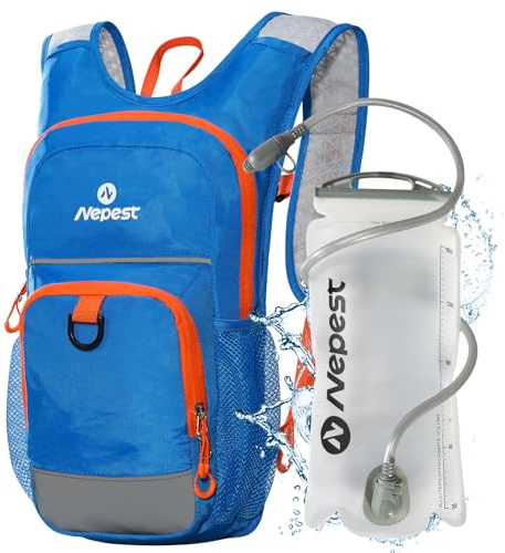 Nepest Zaino idrico per bambini, mini zaino con sacca d'acqua da 1,5 l, per escursionismo, ciclismo, corsa, blu