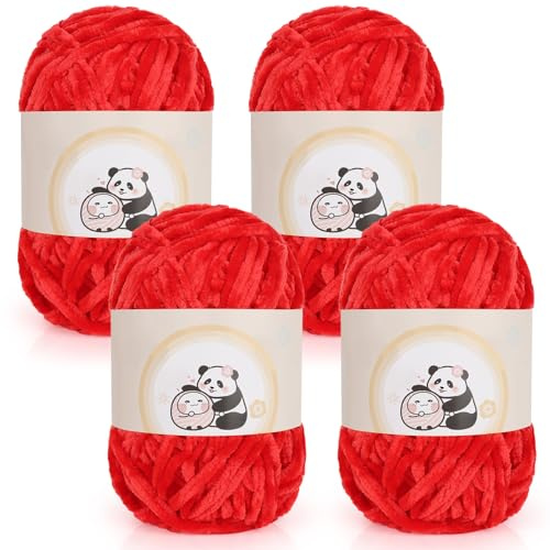Aeelike Chenille Yarn 400g, 4 Pack Plush Chunky Chenille Wool for Knitting 100g Balls, Soft Fluffy Velvet Thick Chunky Yarn for Crochet Amigurumi, Baby Blankets, Scarves, Socks and DIY Crafts, Red