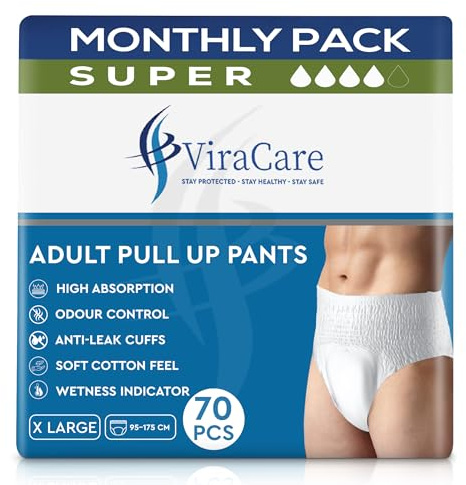 70 x Super Adult Nappies, Maximum Absorbency and Overnight Protection, Nappies for Men and Women, Incontinence Pants, Size X Large, Waist Size 95-175 cm (X Large)