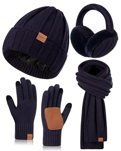 Winter Hat Gloves Scarf Earmuffs Set for Women, Fleece Lined Beanie Long Knit Neck Scarf Touchscreen Gloves Adjustable Ear Warmer, 4 in 1 Fashionable Warm Gift Set for Cold Weather-08 Navy