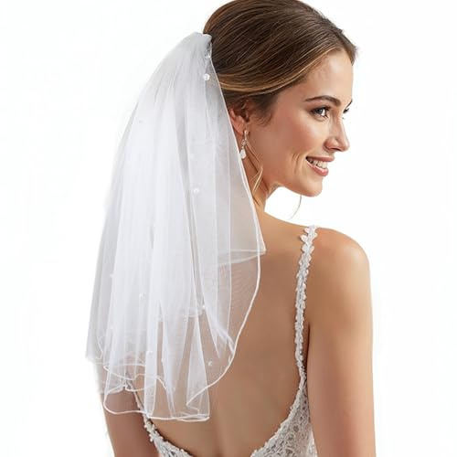 Classicseali Brautschleier Kurz, Schleier Kurz Weiß mit Kamm, Schleier Braut, Elegante Brautschleier jga für Brautparty,Junggesellinnenabschied,Kostüm,Mädchen,Party,Hochzeit