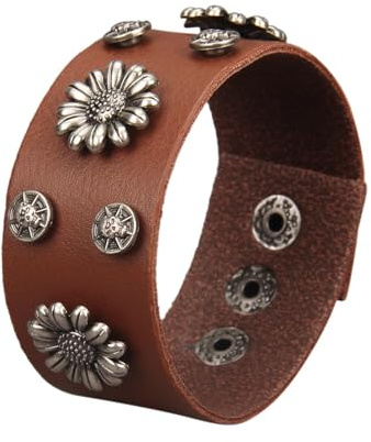 GelConnie Cuff Bracelet for Men Brown Leather Goth Bracelets Flower Stud Punk Rocker Wristband for Women