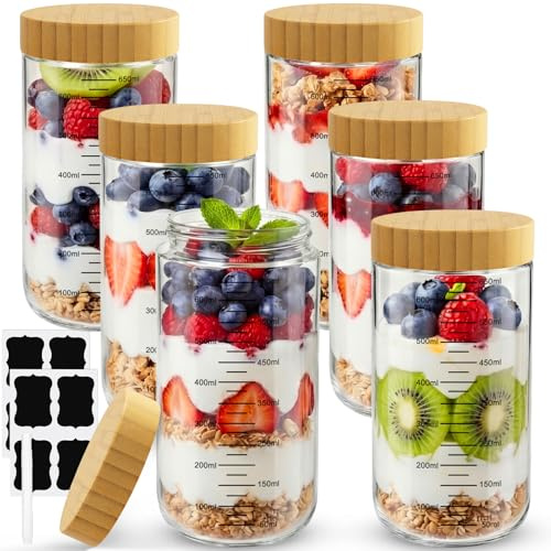 Otauoaea 6 Piezas Tarros de Cristal con Tapa 680ml Vasos Yogurtera con Tapa, Frasco de Vidrio Graduado,Overnight Oats Jar Botes de Cristal Hermetico para Yogur, Mermelada, Ensalada, Cereales, Pudín