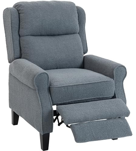 HOMCOM Recliner Armchair, Teddy Fleece Recliner Chair with Extended Leg Rest, Spring Pack, Thick Padded, for Tall People, Push Back Reclining Chair for Home, Living Room, Grey