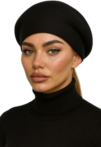 Black Beret,Cashmere Wool Blend, Spiral Weave Ribbed Pattern, 2 Ply Double Jersey,Soft Stretchy Knit Winter Hat, One Size Fits 54-59cm, Comfort Fit