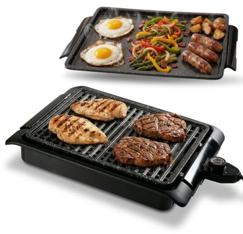 STARLYF Barbacoa eléctrica Smokefree Grill + Plancha - Barbacoa Eléctrica de 1250W, Parrilla Eléctrica Interior sin Humos ni Olores, Superficie Antiadherente y Cocción Uniforme, Color Negro