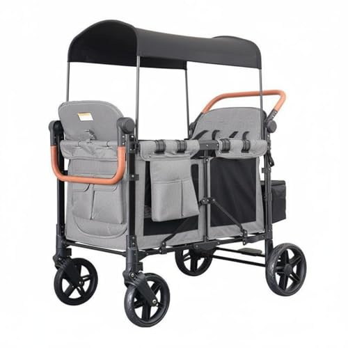 RNXRZANK Twin Child Quadruple Wagon Pushcart Mesh Panel Cushioned Back Textile Pocket Copper Grip Handle Suitable for Family Trips Kids Transportation, Gray