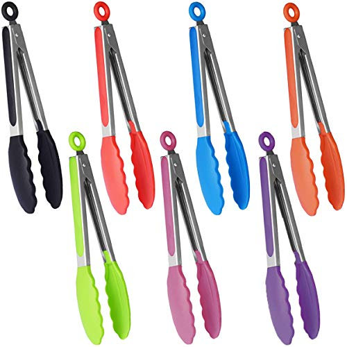Fiyuer 7 Pcs Pinze da Cucina Professionali Silicone Piccole Pinze da Barbecue In Acciaio inox Antiscivolo e Facile da Impugnare può Essere Utilizzato per Insalate,Barbecue,Cottura al Forno