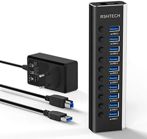 RSHTECH USB Hub Aktiv 3.0 mit 36W(12V/3A) Netzteil, Aluminium 10 Ports USB 3.0 Hub zum Laden und zur Datenübertragung, USB 3.0 Mehrfach Ports Verteiler mit EIN/Aus-Schalter und LED, RSH-A10