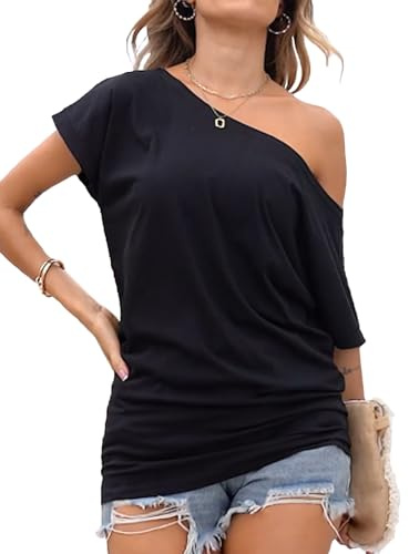 Poetsky Womens Tops and Blouses Short Sleeve Tops Summer T Shirts Casual Off The Shoulder Shirts, Black, M