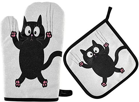 TropicalLife Set di guanti da forno e presina a forma di gatto nero, fodera in cotone, resistente al calore, presina, per cucina, cottura, grigliare, Natale