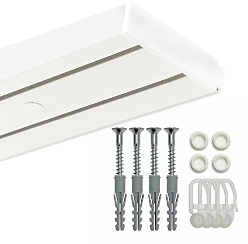 GARDINEUM - 2-läufige Gardinenschiene, Vorhangschiene aus Kunststoff, vorgebohrt, Komplettset mit Zubehör, bis 2 m erhältlich (2,40 m (2 x 1,20 m + Verbinder))