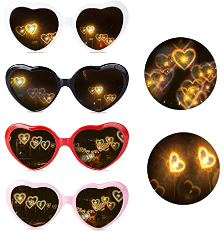 AWAVM 4 Pieces Heart Glasses Effect, 3D Heart Glasses, Diffraction Glasses, Funny Glasses for Carnival, Music Festivals, Party, Bar, Fireworks, Music, Outdoors, Party, Bar, Night Club,15x3.5