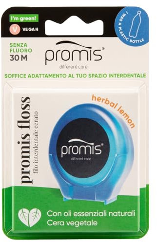 Promis Floss - Hilo dental expandible encerado - Adaptación interdental delicada, probado clínicamente, aceites esenciales, sin flúor, 100% vegano, reciclado (Ocean Blue)
