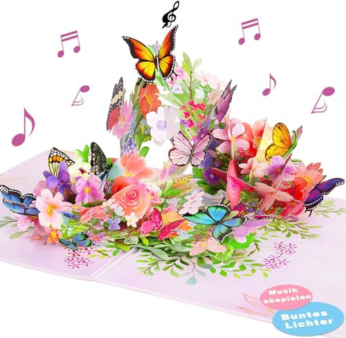 FITMITE Geburtstagskarte mit Musik und Licht, Pop Up Karte-Schmetterlinge auf Blumen, 3D Geburtstagskarte Frau, Geburtstag Karte mit Umschlag (Karte Danke, Geldgeschenk, Jahrestag, Grußkarten)