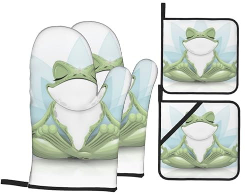 Lustiges Yoga-Frosch-bedruckte Ofenhandschuhe und Topflappen-Set – 4 Stück – hitzebeständige wasserdichte Ofenhandschuhe zum Backen, Kochen, Grillen
