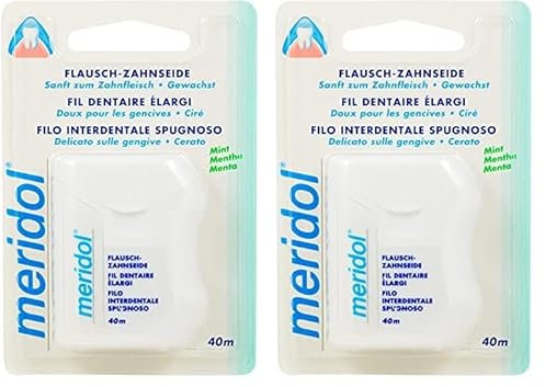 meridol Flausch-Zahnseide, 40m - Zahnseide zur gründlichen und sanften Reinigung der Zahnzwischenräume, verringert das Risiko für Entzündungen des Zahnfleisches mit frischem Mint-Aroma,(2er Pack)
