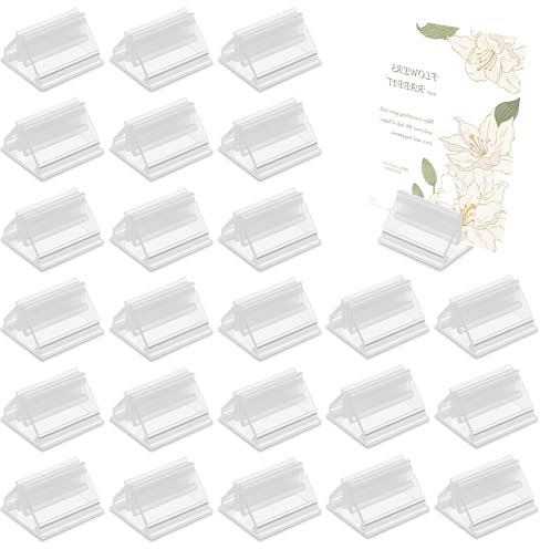 BLMHTWO 24 Pcs Card Stands Acrylic Card Stands Table Sign Holder Stand Card Display Place Cards Holders Table Menu Holders Small Clear Plastic Display Stands for Wedding Photos Memos Pictures Display