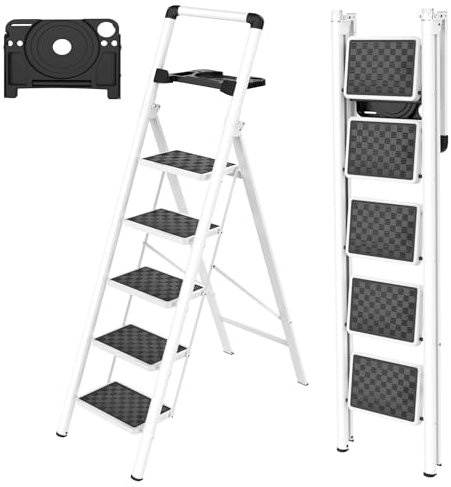 HBTower Escalera 5 Peldaños Plegable con Bandeja para Herramientas, Taburete Compacto con Estructura de Acero Resistente, Capacidad de Carga 150 kg, Portátil para Hogar y Cocina