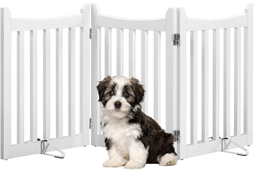 Yaheetech Wooden Pet Gate Indoor 3 Panels Freestanding Dog Fence with Support Feet&360°Hinges for Small and Medium Dogs, Barrier for House/Stairs/Doorway (White,60.5cm H X 152cm L)
