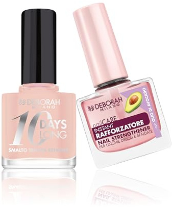 Deborah Milano -Set Smalto Trattamento Rafforzatore per Unghie Deboli e Sfaldate, 9.5ml e Smalto 10 Days Long N.882 Nude Rose, Effetto Brillante a Lunga Tenuta, 11ml