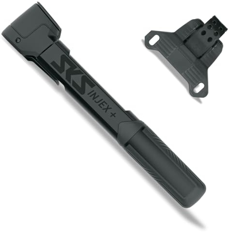 SKS GERMANY INJEX Plus minipump (cykelpump för resor, ergonomiskt handtag, omkopplingsbar teleskopfunktion, platsbesparande fäste, MV Easy-huvud för alla ventiler), svart