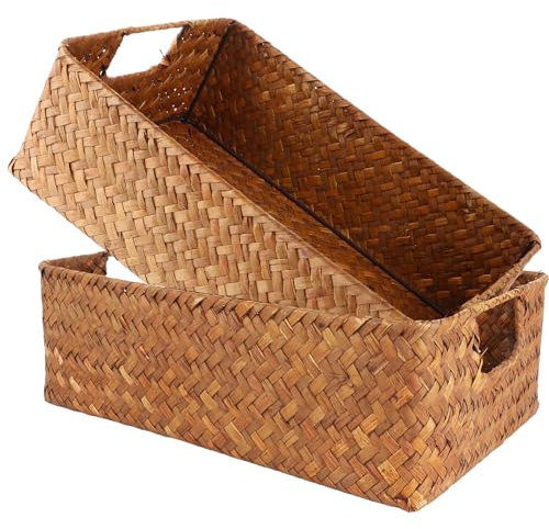 LOPYXBR 2 cestas de almacenamiento de algas marinas trenzadas, 34 x 23 x 11 cm, cesta trenzada rectangular, cesta de almacenamiento para dormitorio, baño, despensa