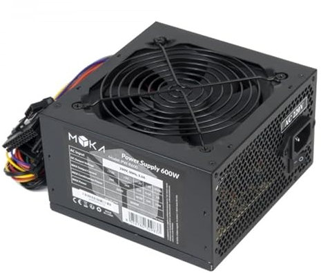 Alimentatore per PC MYKA 600W, Ventola da 12 cm, 4 Porte SATA, 2 Connettori Molex, 1 Connettore PCI-E