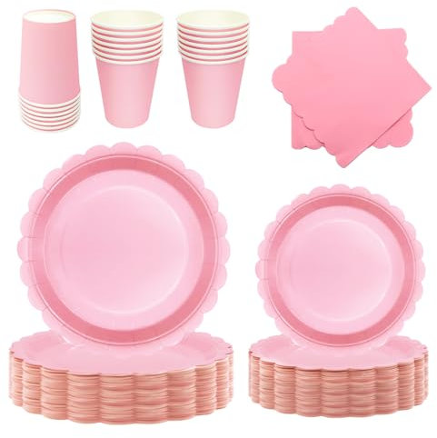 PYAILI 96 Piezas Rosa Claro Vajilla Fiesta Cumpleaños, Platos y Vaso Cumpleaños Infantil, Set de Party Decoración Platos Servilletas para Navidad, Barbacoas, Fiestas -24 Invitado
